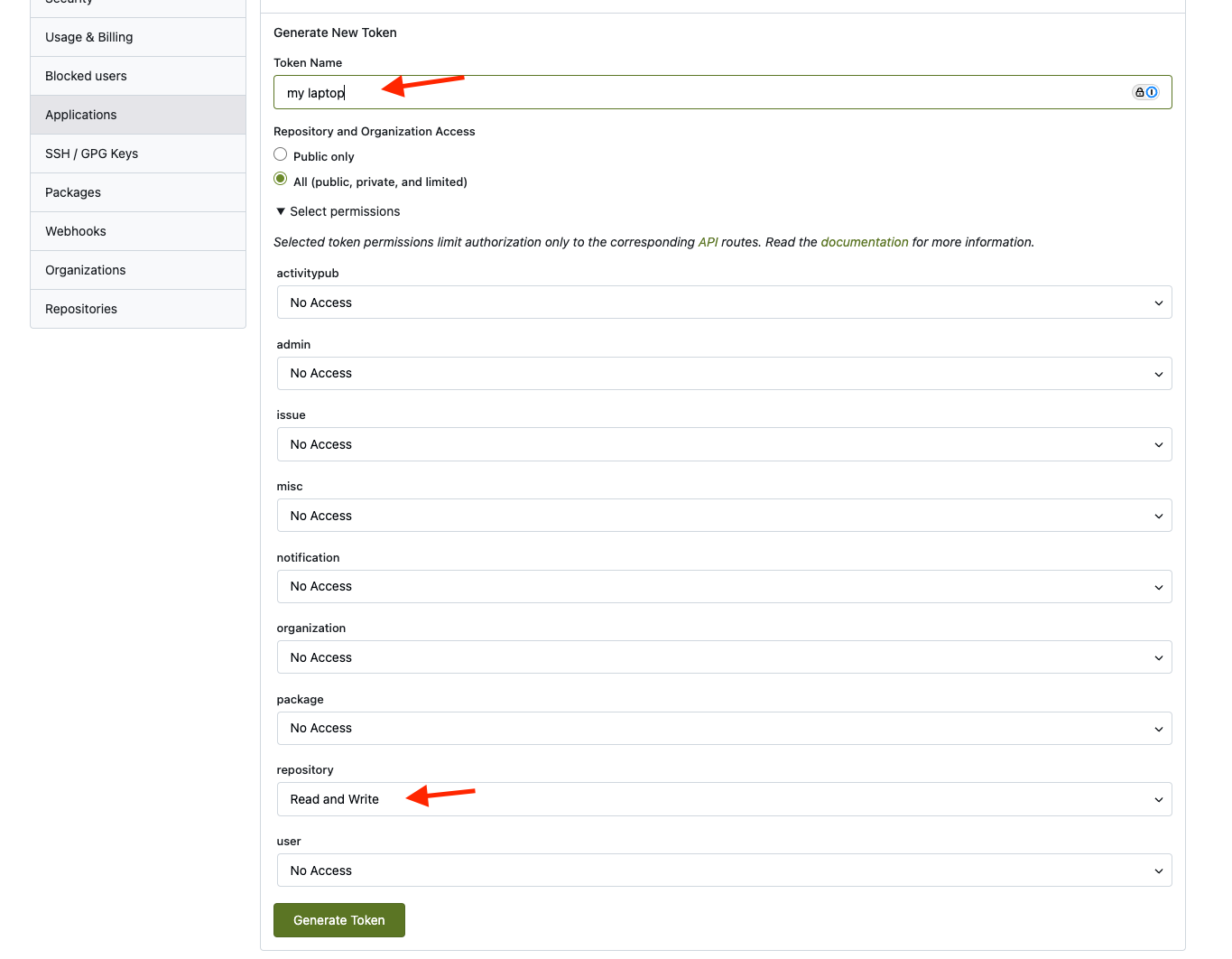 Screenshot of the token creation form indicating which fields to fill out.