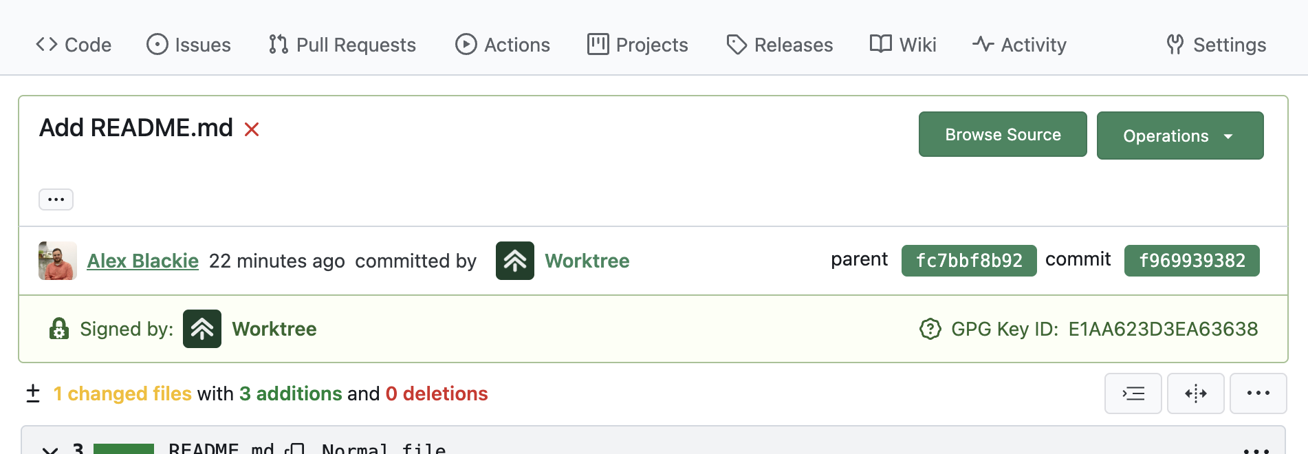 Screenshot of a commit showing a valid system signature