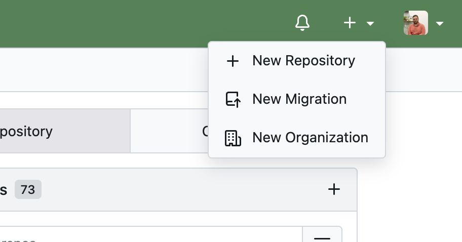 Selecting &#39;New Repository&#39; from the &#39;Create&#39; menu